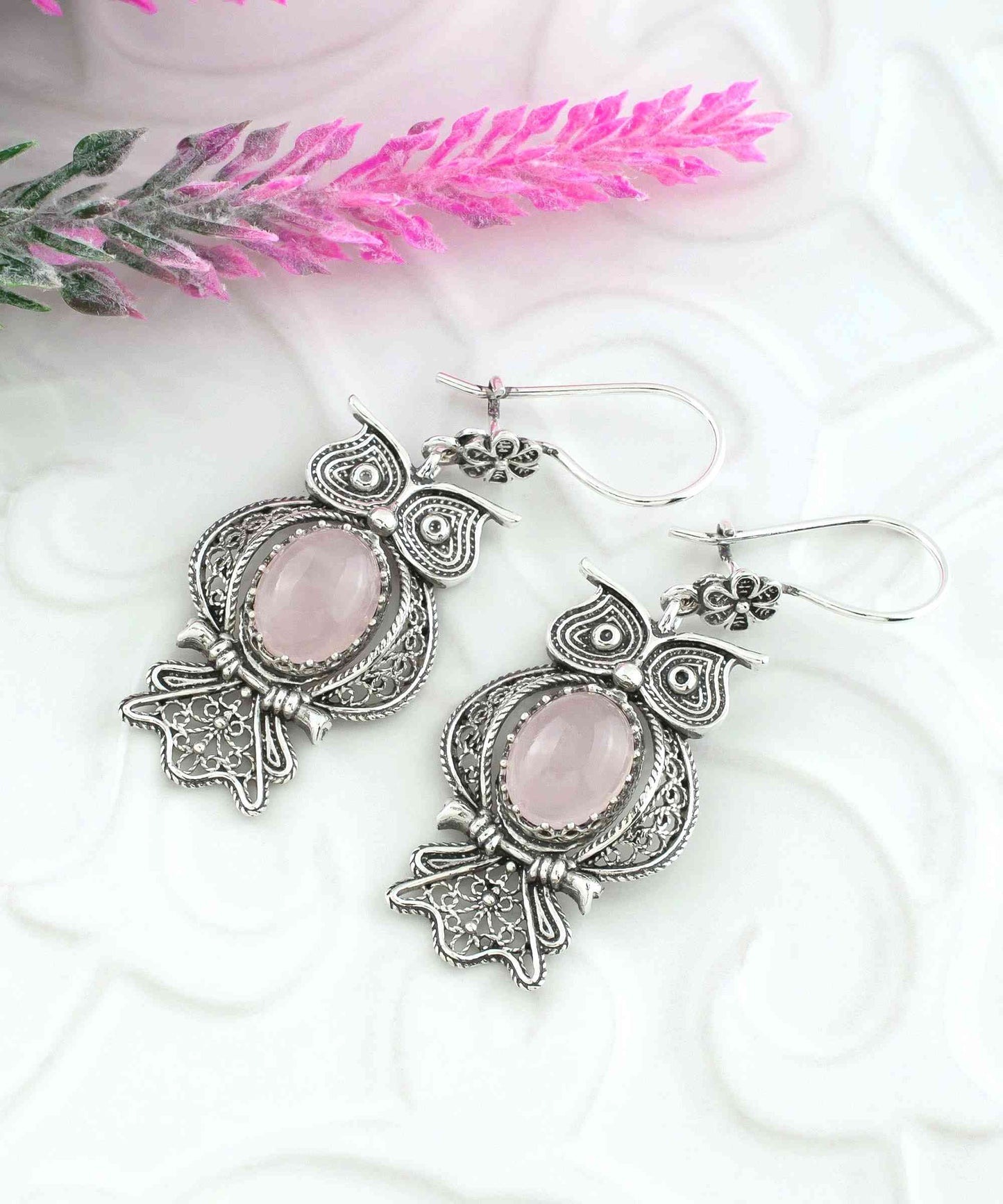 Owl Figured Rose Quartz Earrings - Filigree Art