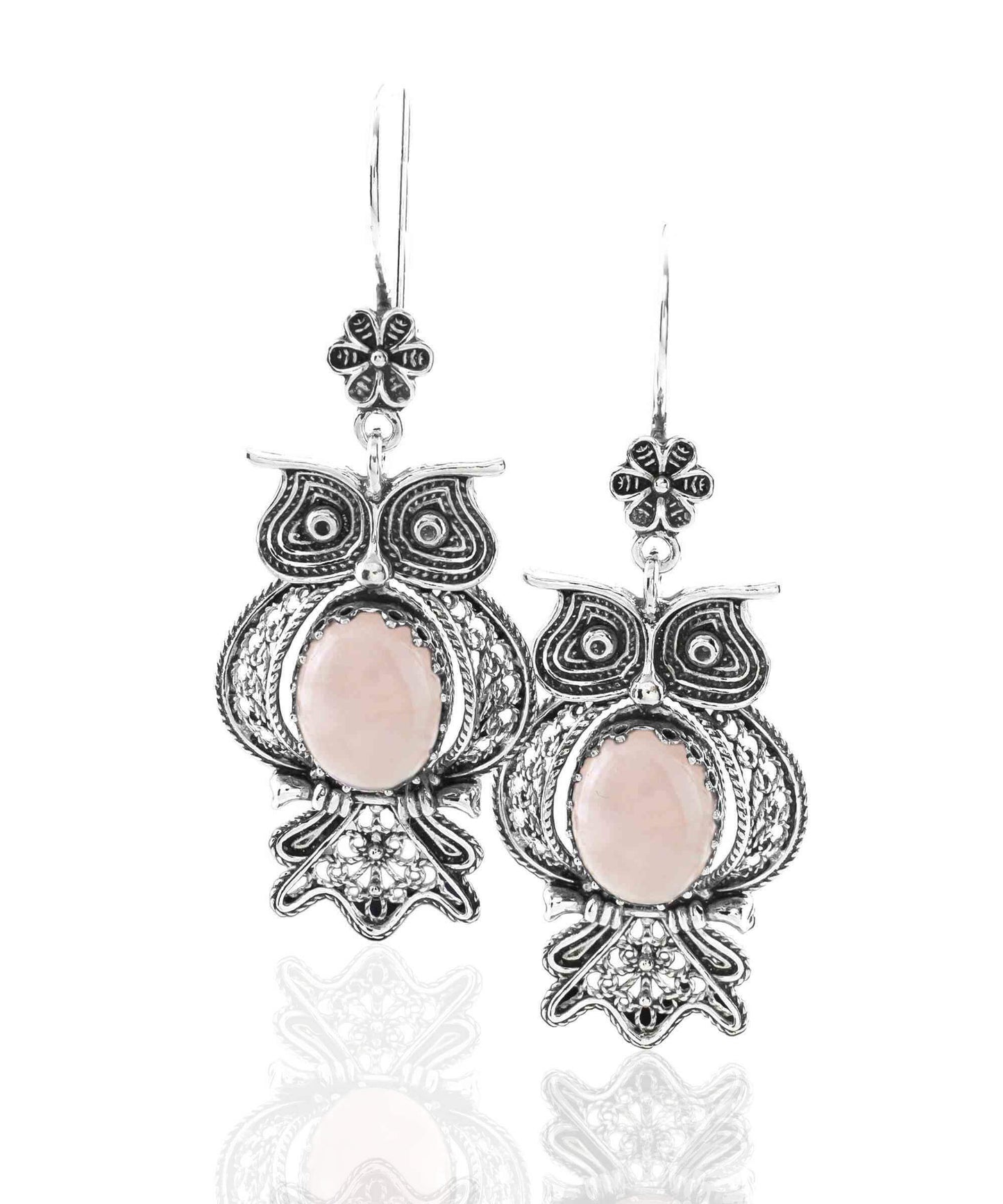 Owl Figured Rose Quartz Earrings - Filigree Art