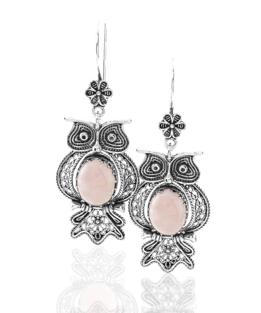 Owl Figured Rose Quartz Earrings - Filigree Art