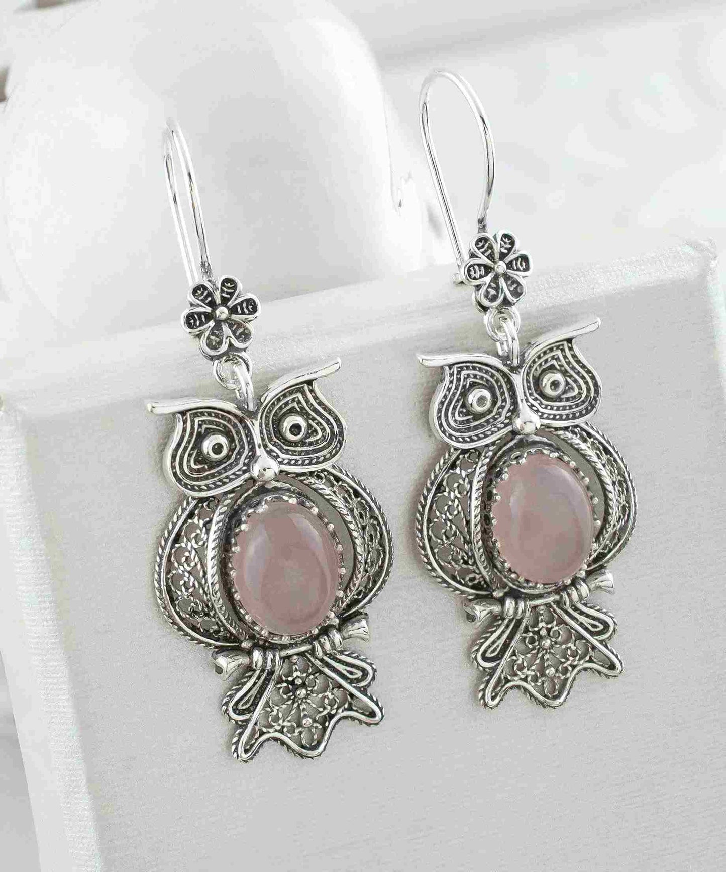 Owl Figured Rose Quartz Earrings - Filigree Art