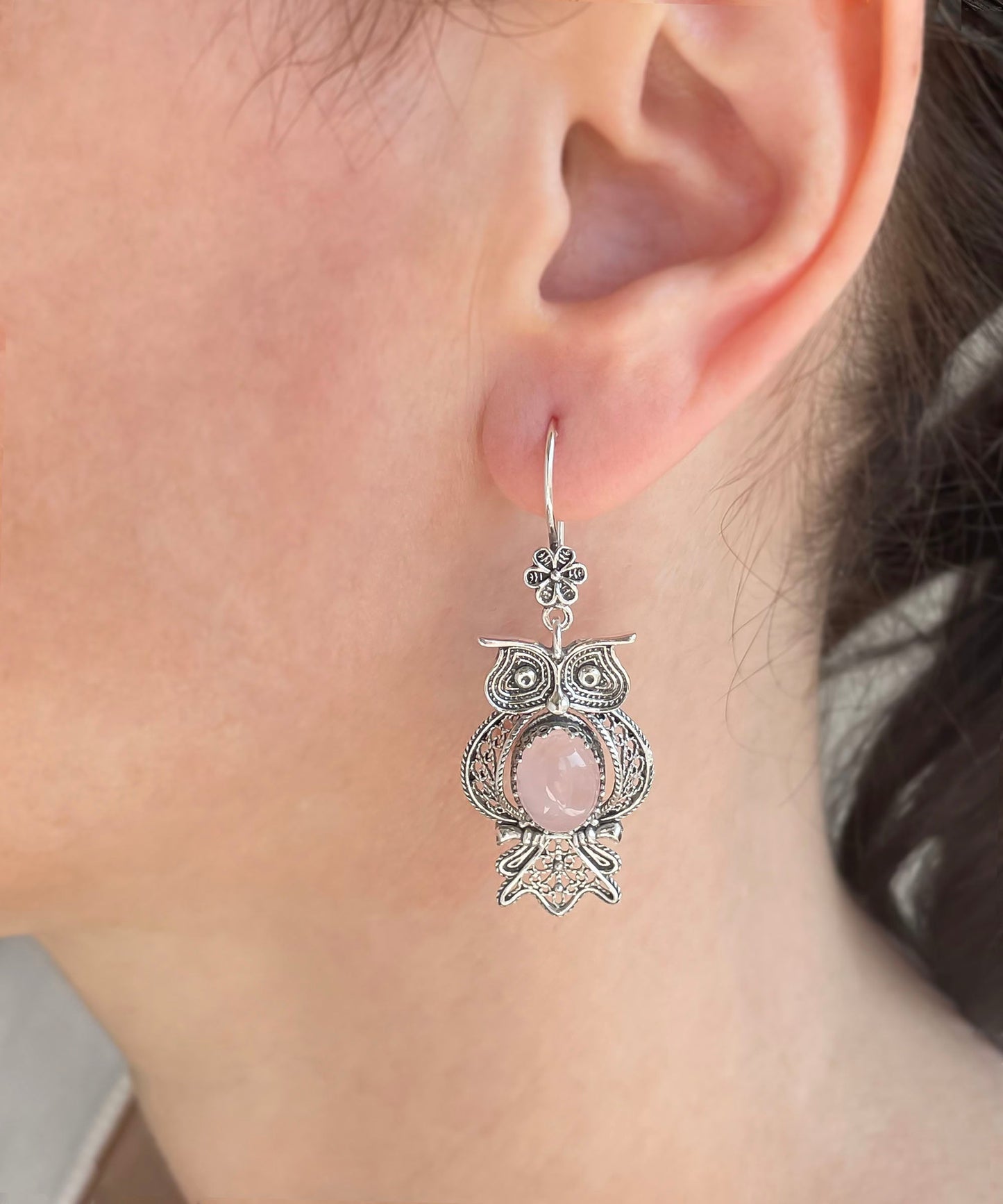 Owl Figured Rose Quartz Earrings - Filigree Art
