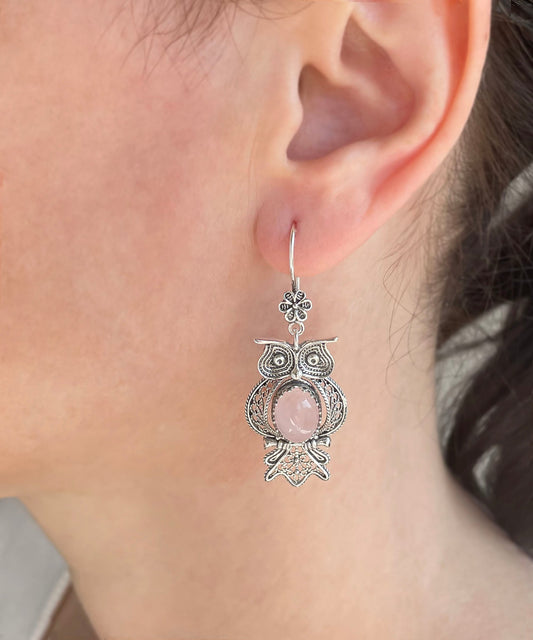 Owl Figured Rose Quartz Earrings - Filigree Art