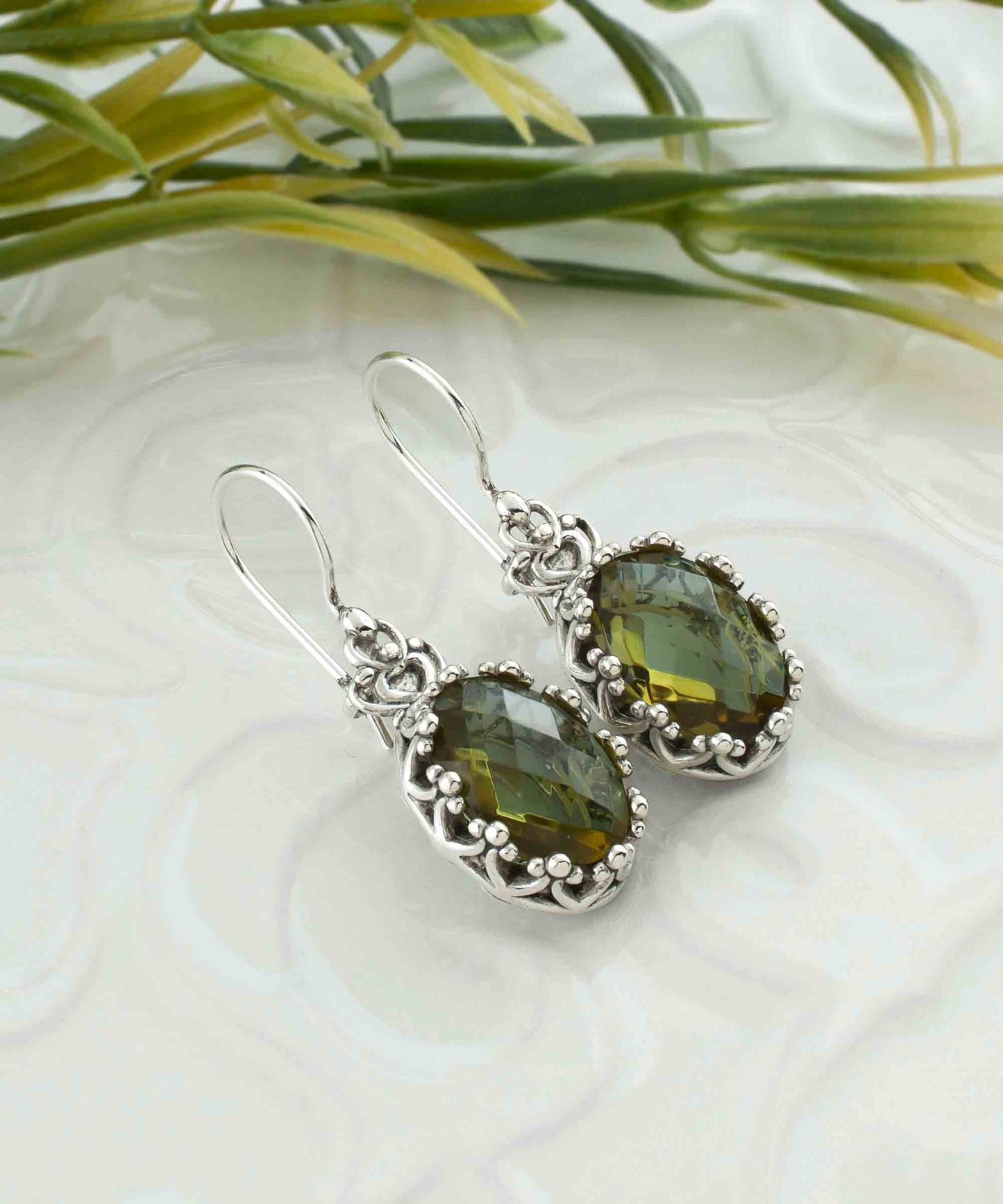 Filigree Art Alexandrite Oval Drop Earrings