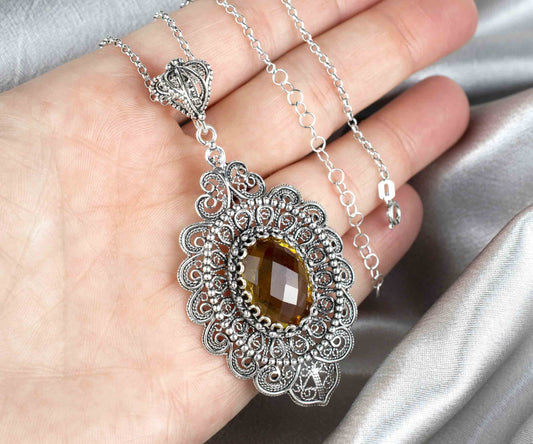 Filigree Art Alexandrite Floral Pendant Necklace