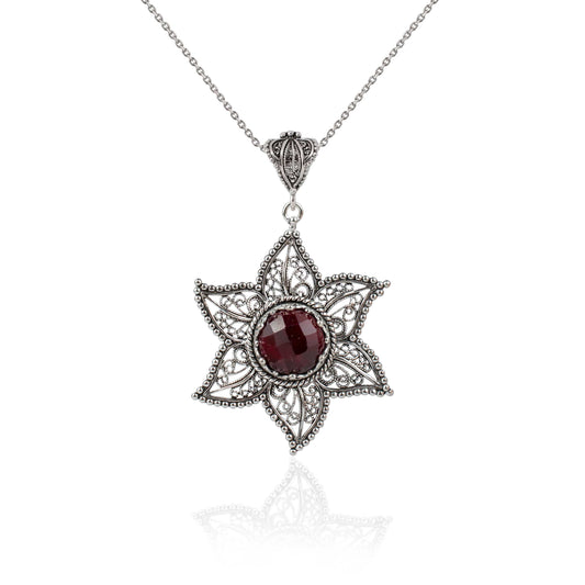 Filigree Art Ruby Corundum Silver Pendant Necklace