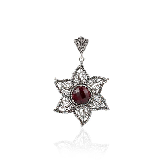 Filigree Art Ruby Corundum Silver Pendant Necklace