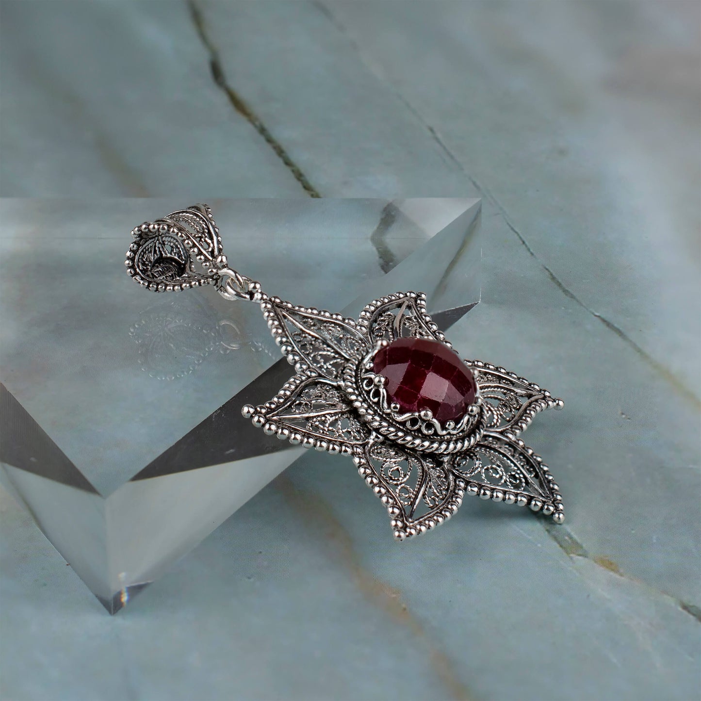 Filigree Art Ruby Corundum Silver Pendant Necklace