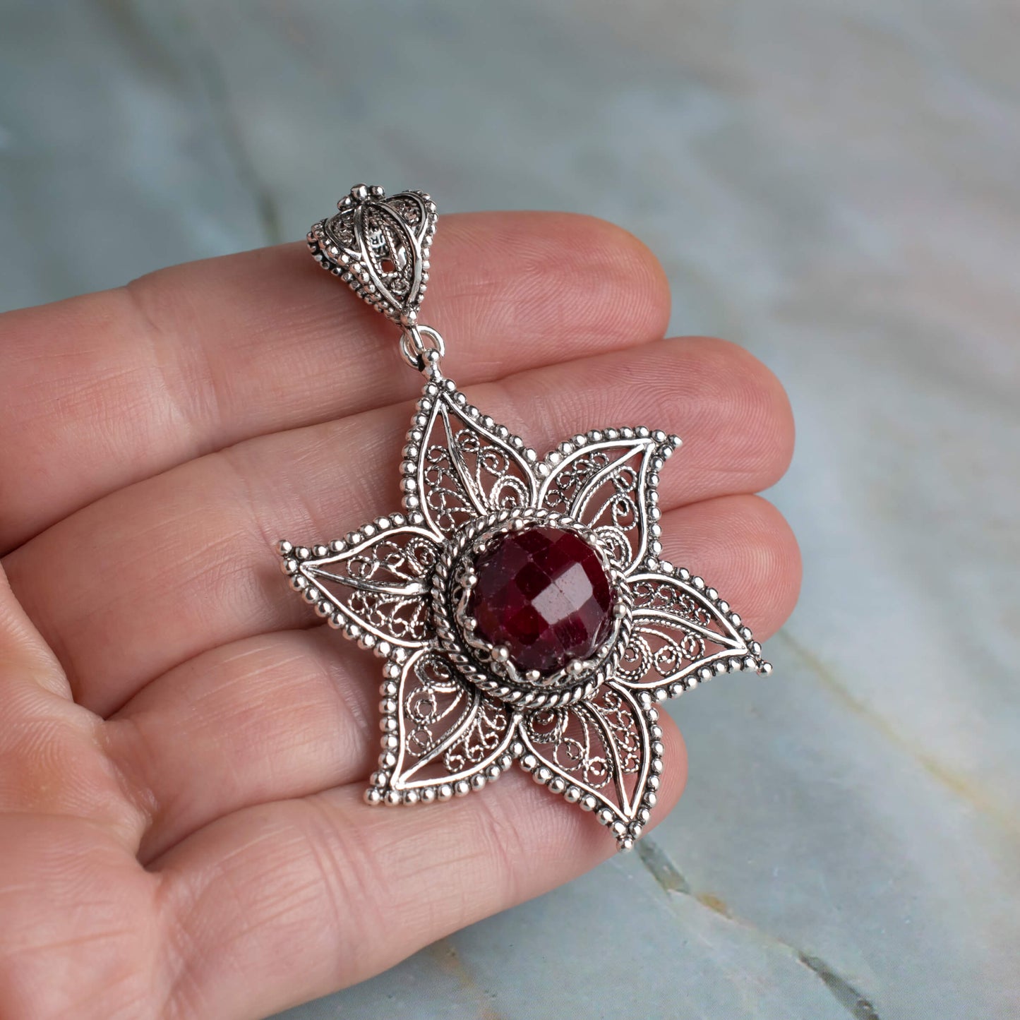 Filigree Art Ruby Corundum Silver Pendant Necklace