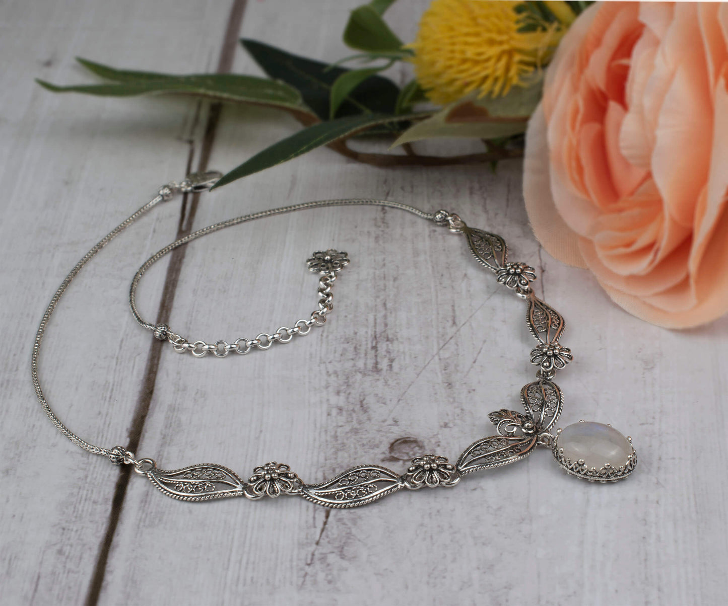 Gray Moonstone Filigree Necklace