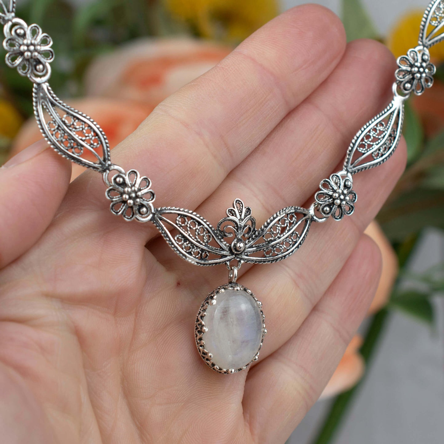 Gray Moonstone Filigree Necklace