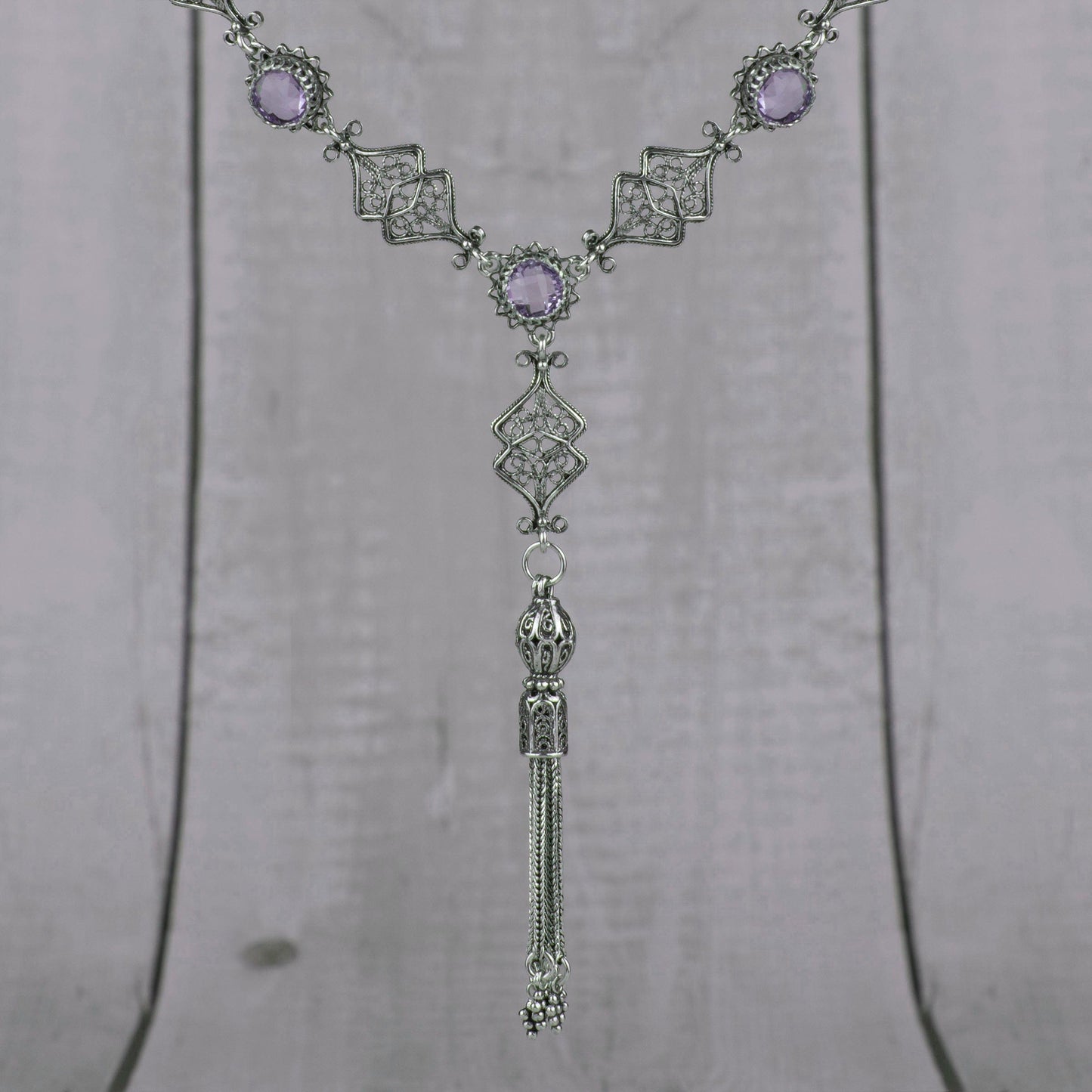 Filigree Art Amethyst / Blue Topaz Tassel Choker Necklace