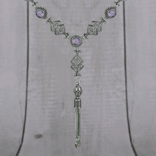 Filigree Art Amethyst / Blue Topaz Tassel Choker Necklace