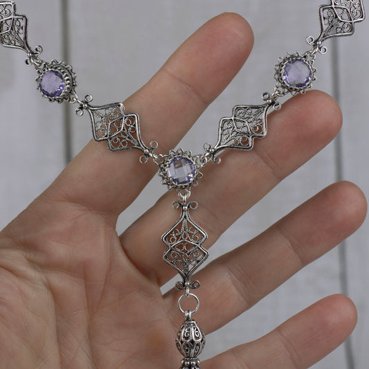 Filigree Art Amethyst / Blue Topaz Tassel Choker Necklace