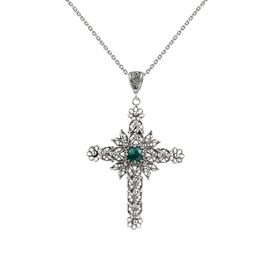 Emerald Corundum Cross Pendant Necklace