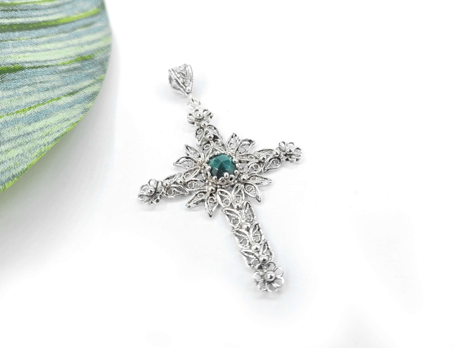 Emerald Corundum Cross Pendant Necklace