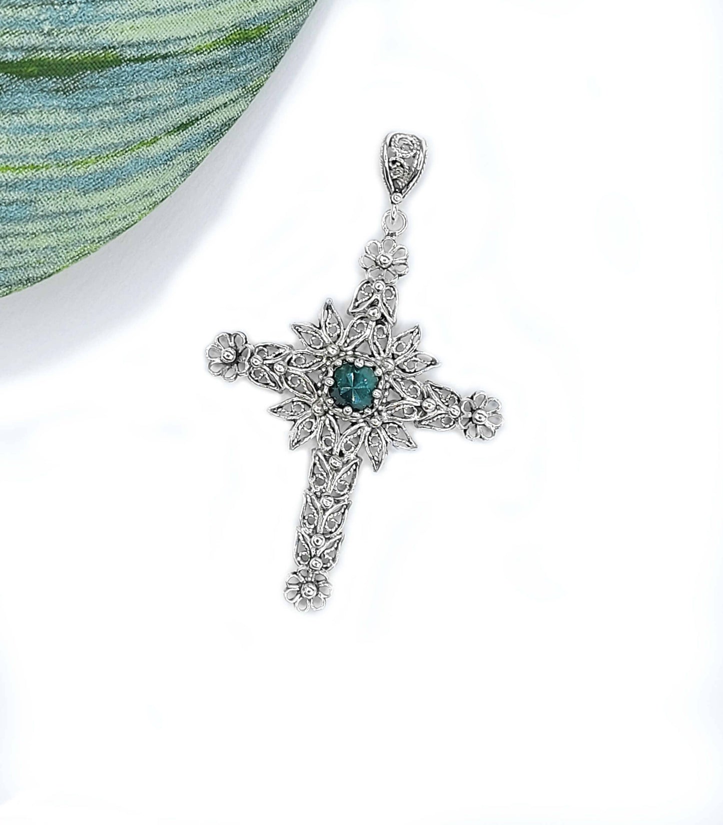 Emerald Corundum Cross Pendant Necklace