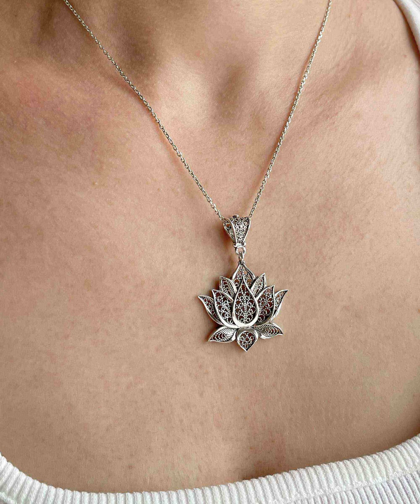 Filigree Art Sterling Silver Lotus Flower Pendant Necklace