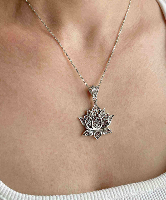 Filigree Art Sterling Silver Lotus Flower Pendant Necklace
