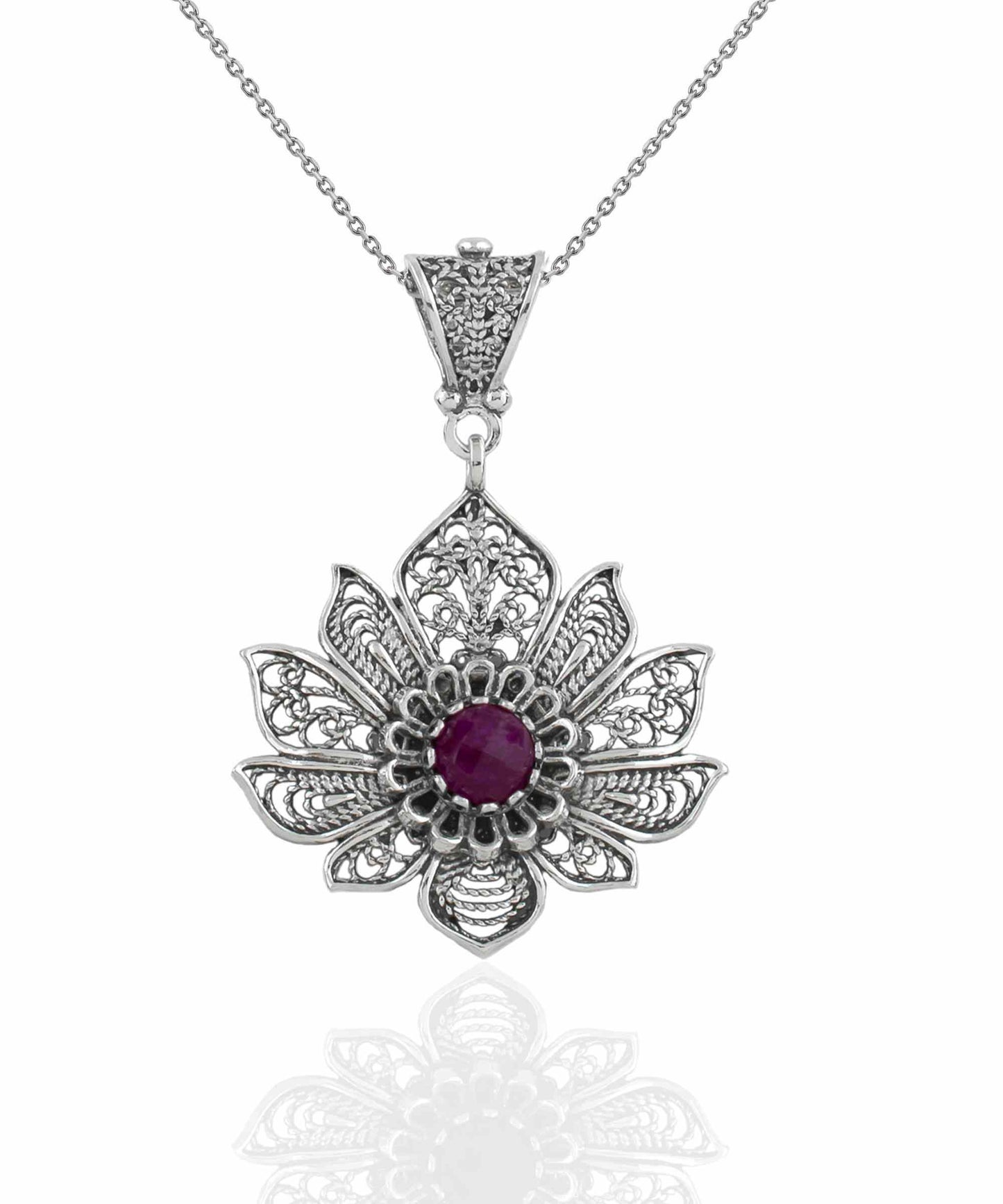 Filigree Art Silver Lotus Flower Pendant with Ruby Corundum Gemstone