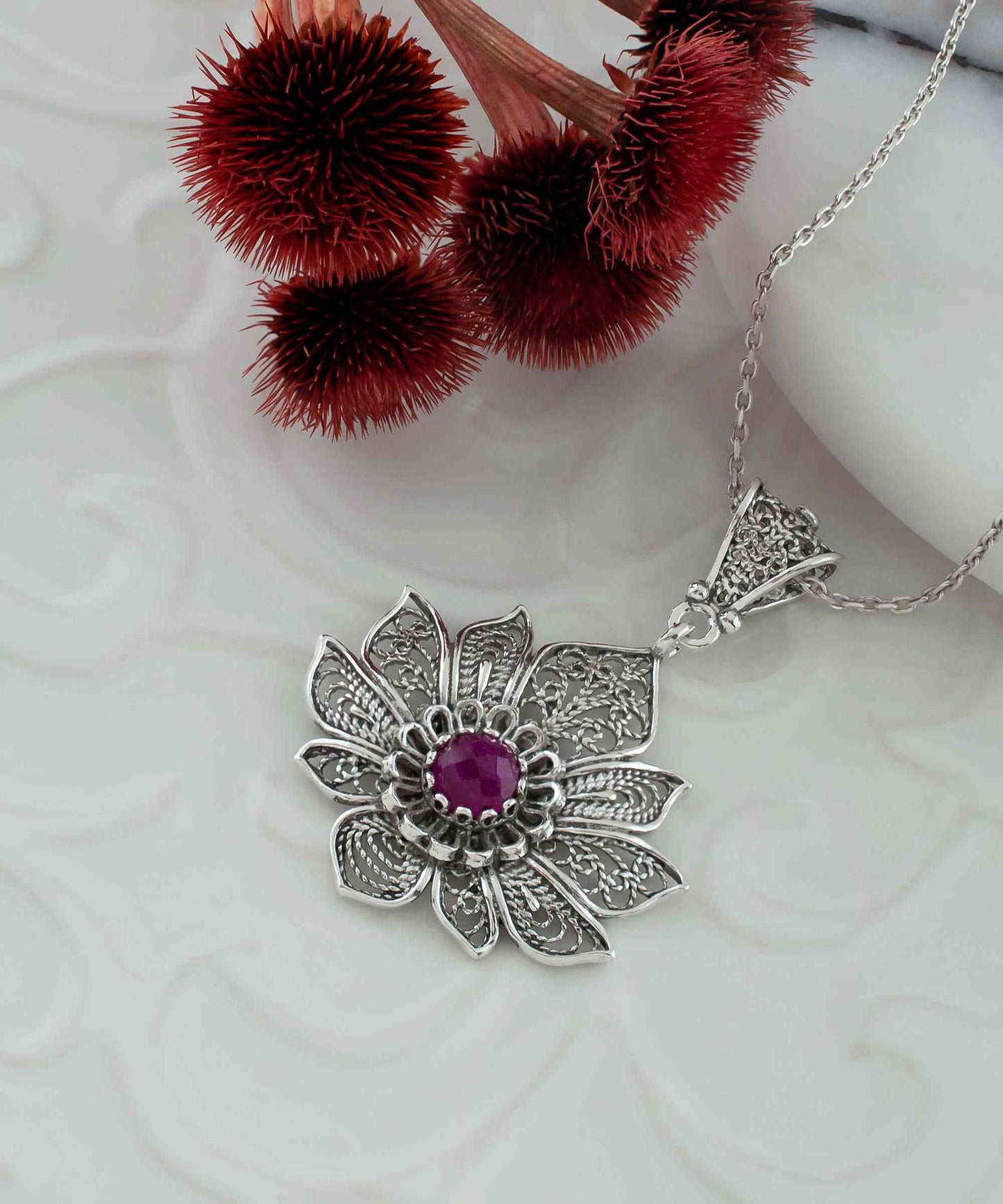 Filigree Art Silver Lotus Flower Pendant with Ruby Corundum Gemstone