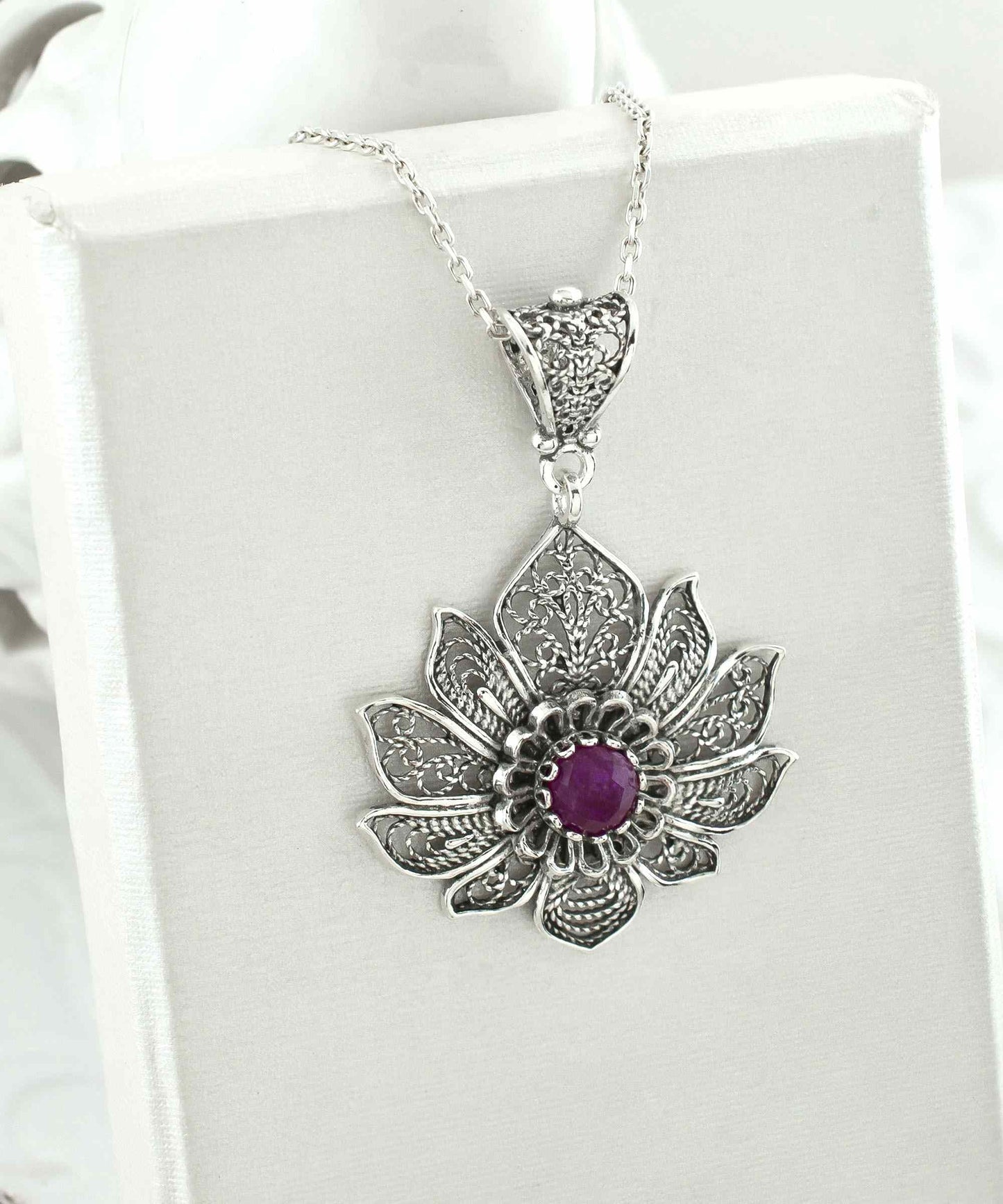Filigree Art Silver Lotus Flower Pendant with Ruby Corundum Gemstone
