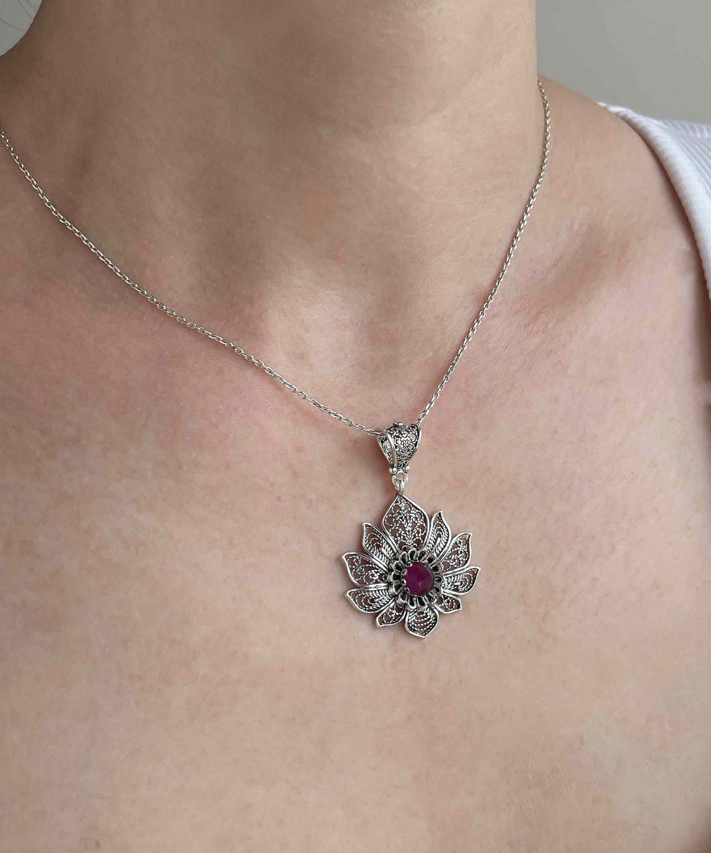 Filigree Art Silver Lotus Flower Pendant with Ruby Corundum Gemstone