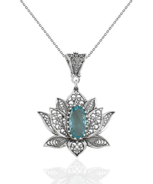 Blossoming Lotus Flower Blue Topaz Pendant