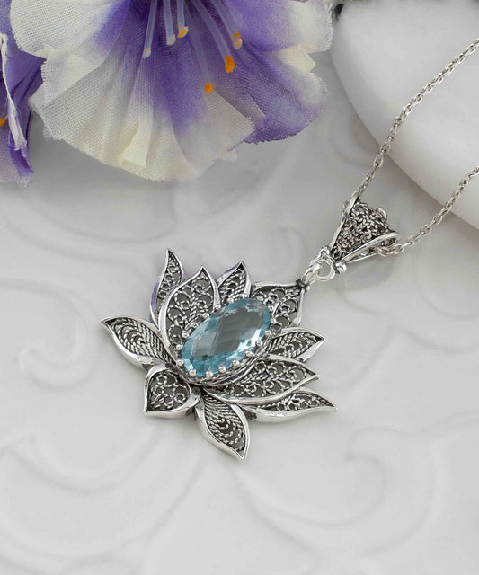 Blossoming Lotus Flower Blue Topaz Pendant