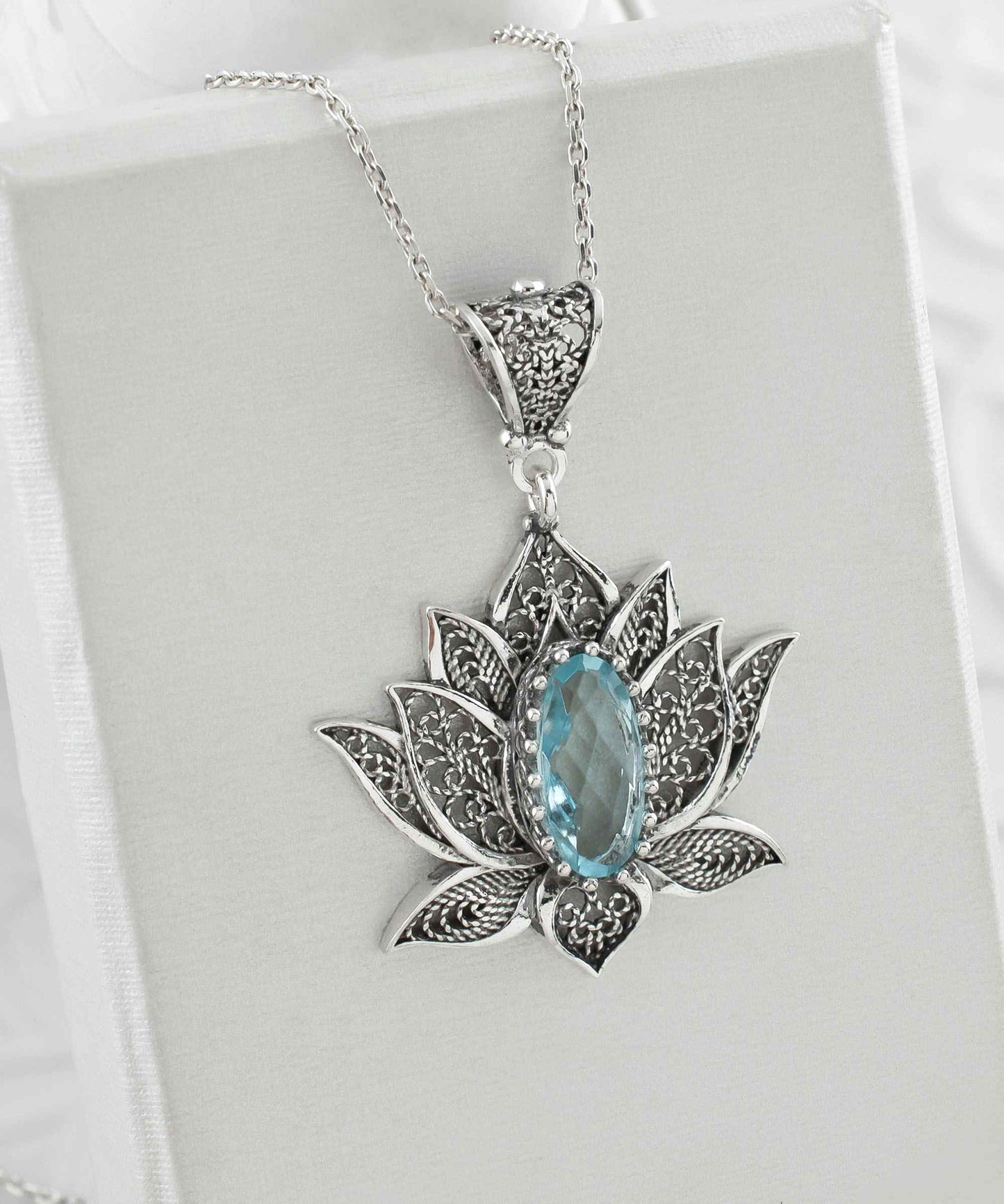 Blossoming Lotus Flower Blue Topaz Pendant