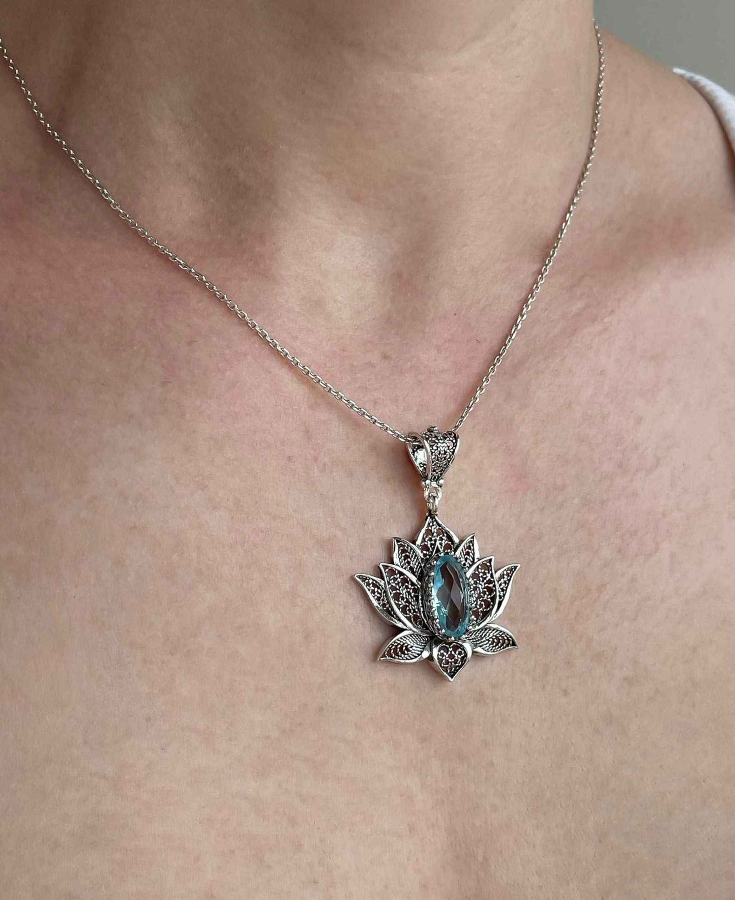 Blossoming Lotus Flower Blue Topaz Pendant