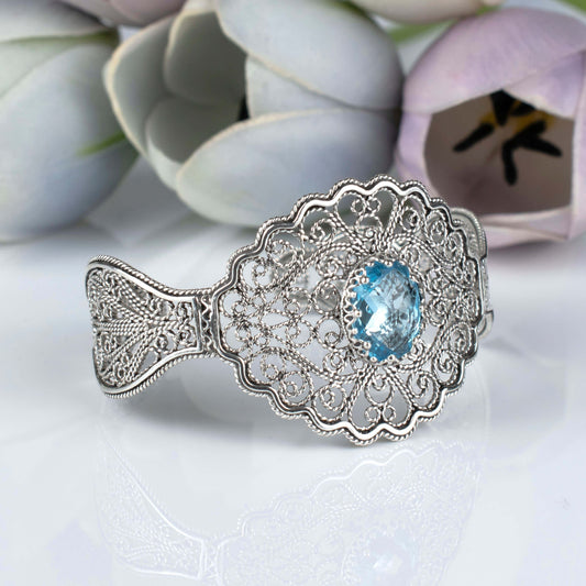 Filigree Art Blue Topaz Lace Cuff Bracelet