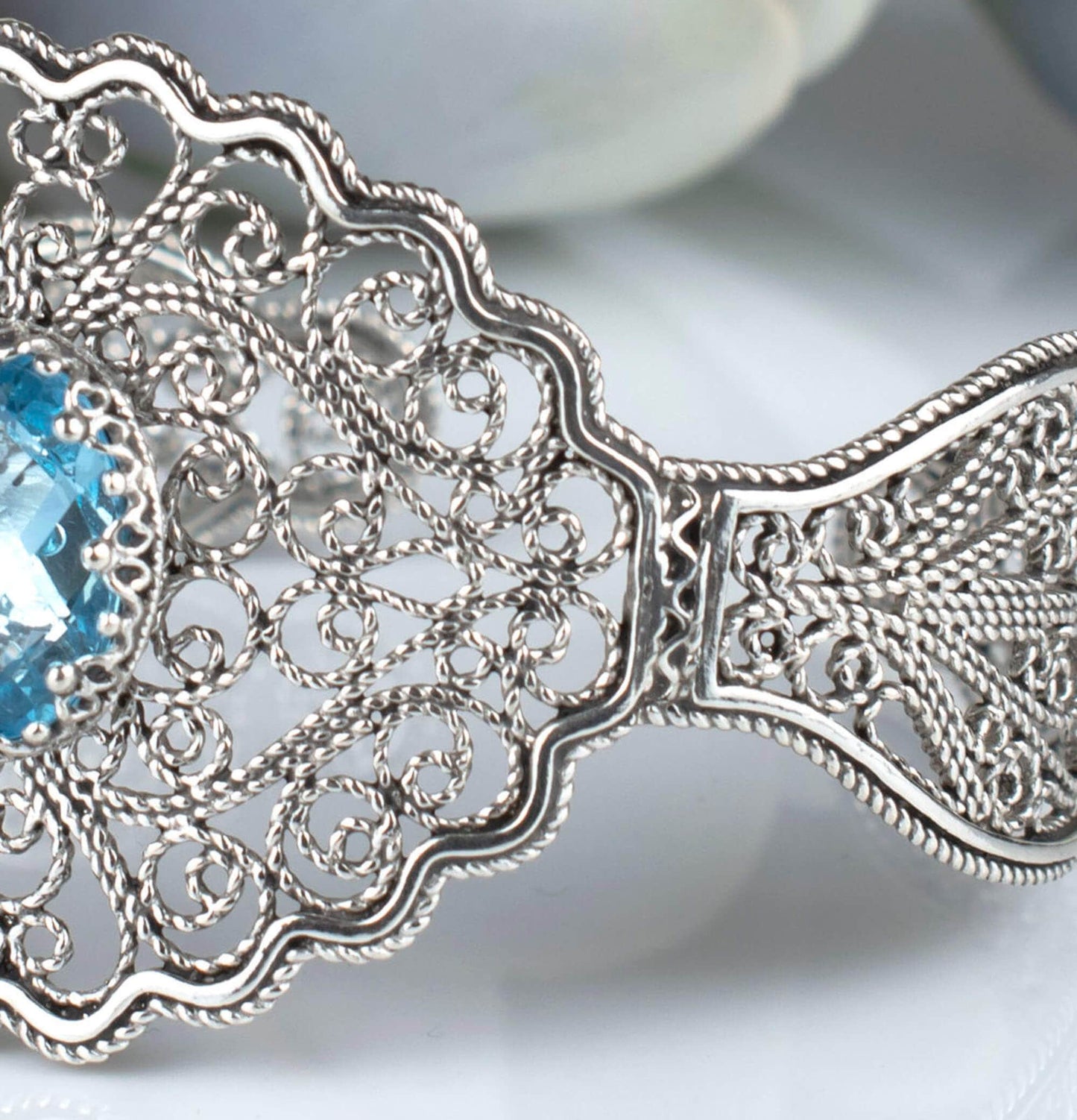 Filigree Art Blue Topaz Lace Cuff Bracelet