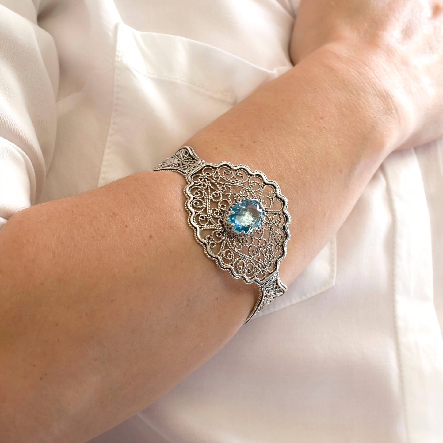 Filigree Art Blue Topaz Lace Cuff Bracelet