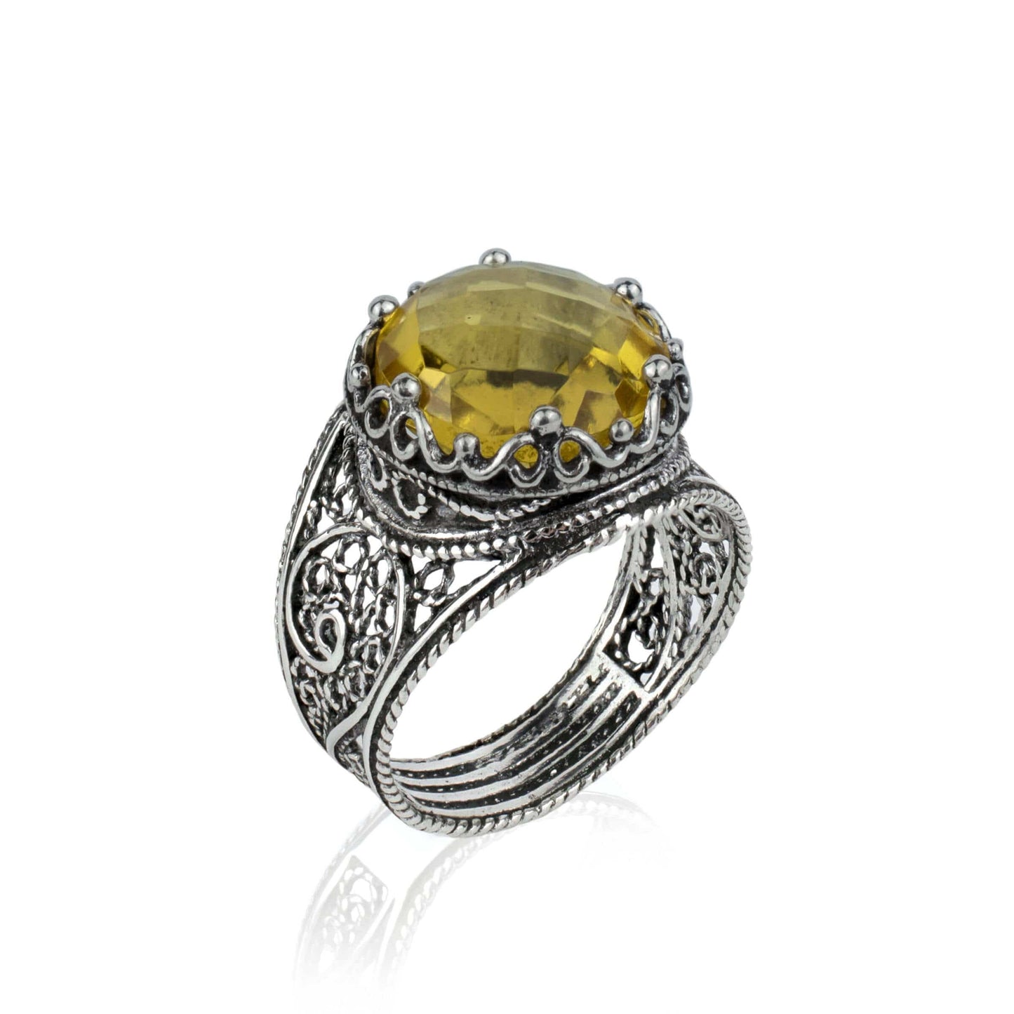 Filigree Art Citrine Gemstone Crown Design Silver Ring