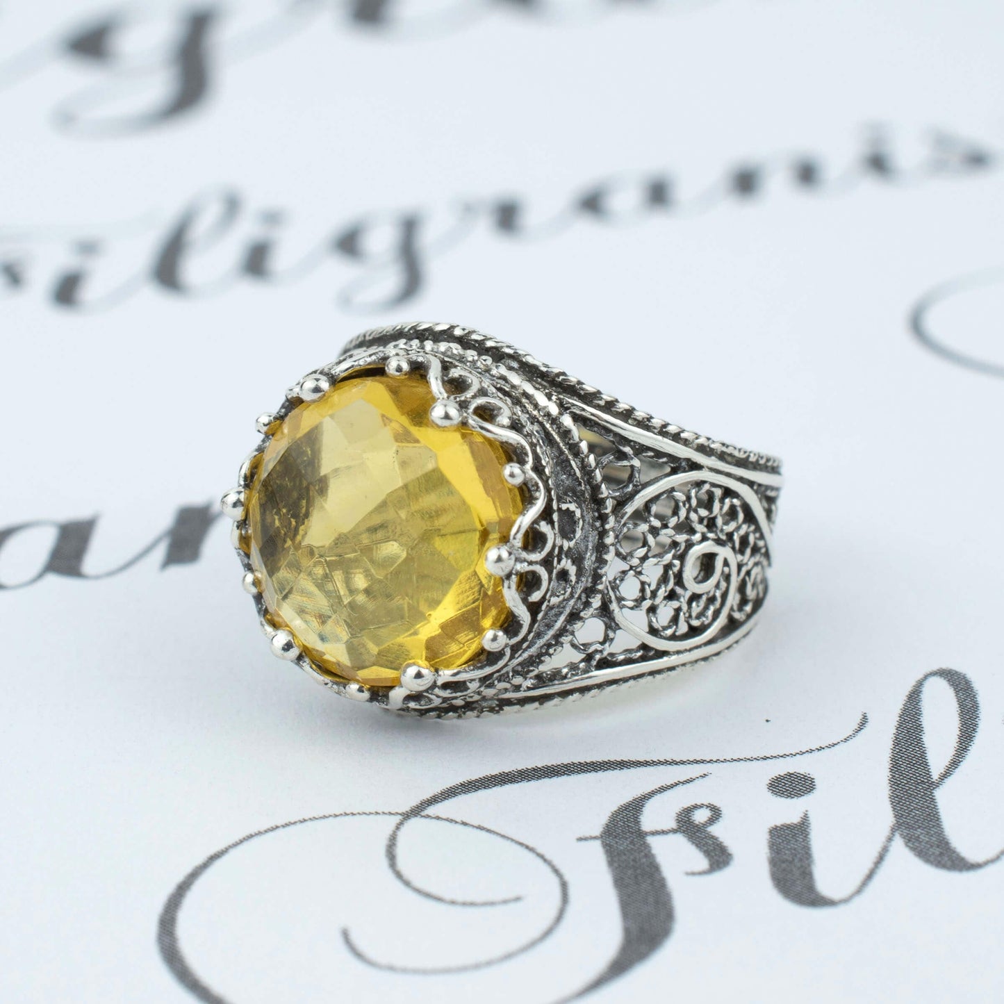 Filigree Art Citrine Gemstone Crown Design Silver Ring