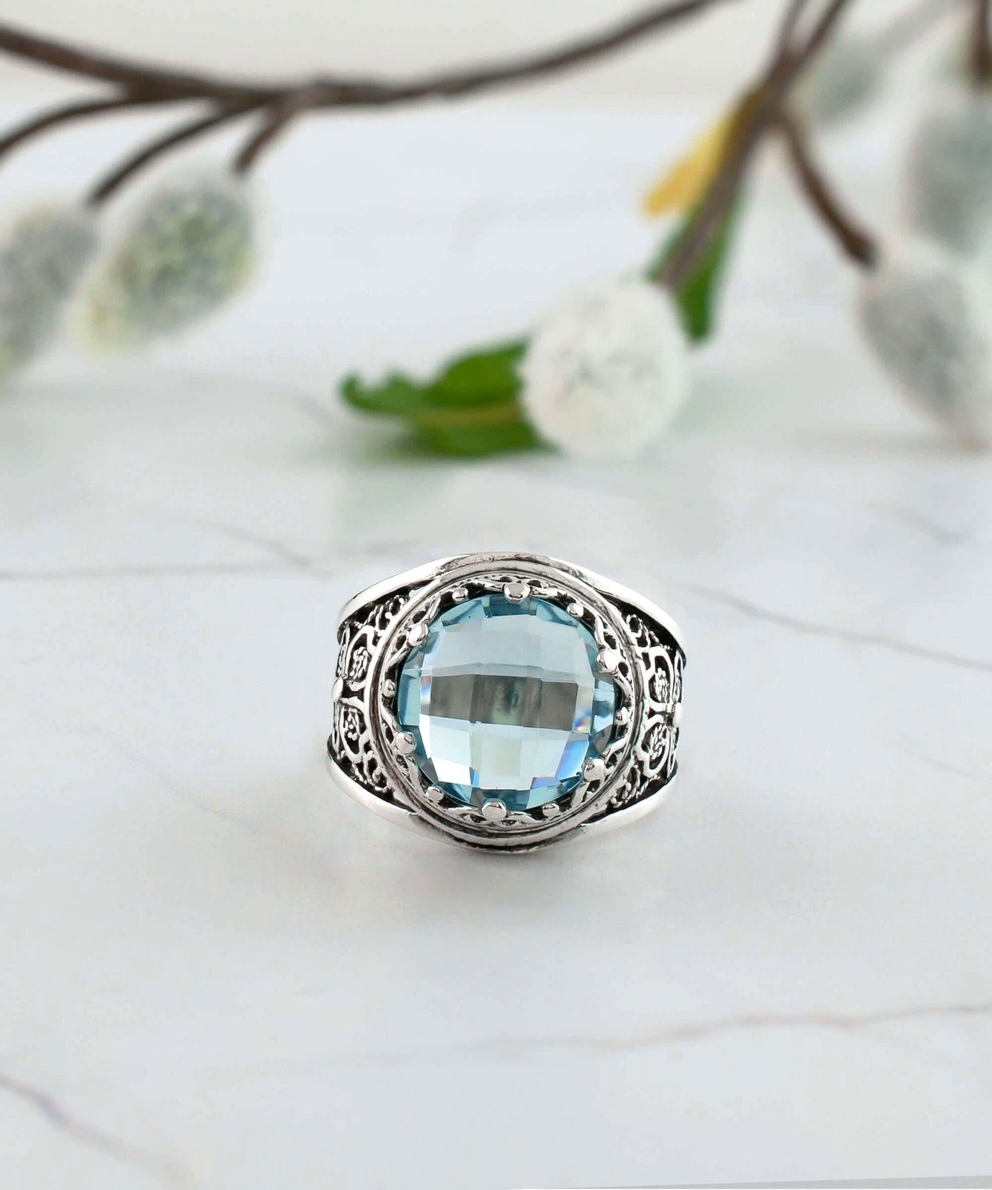 Filigree Art Blue Topaz Gemstone Ring