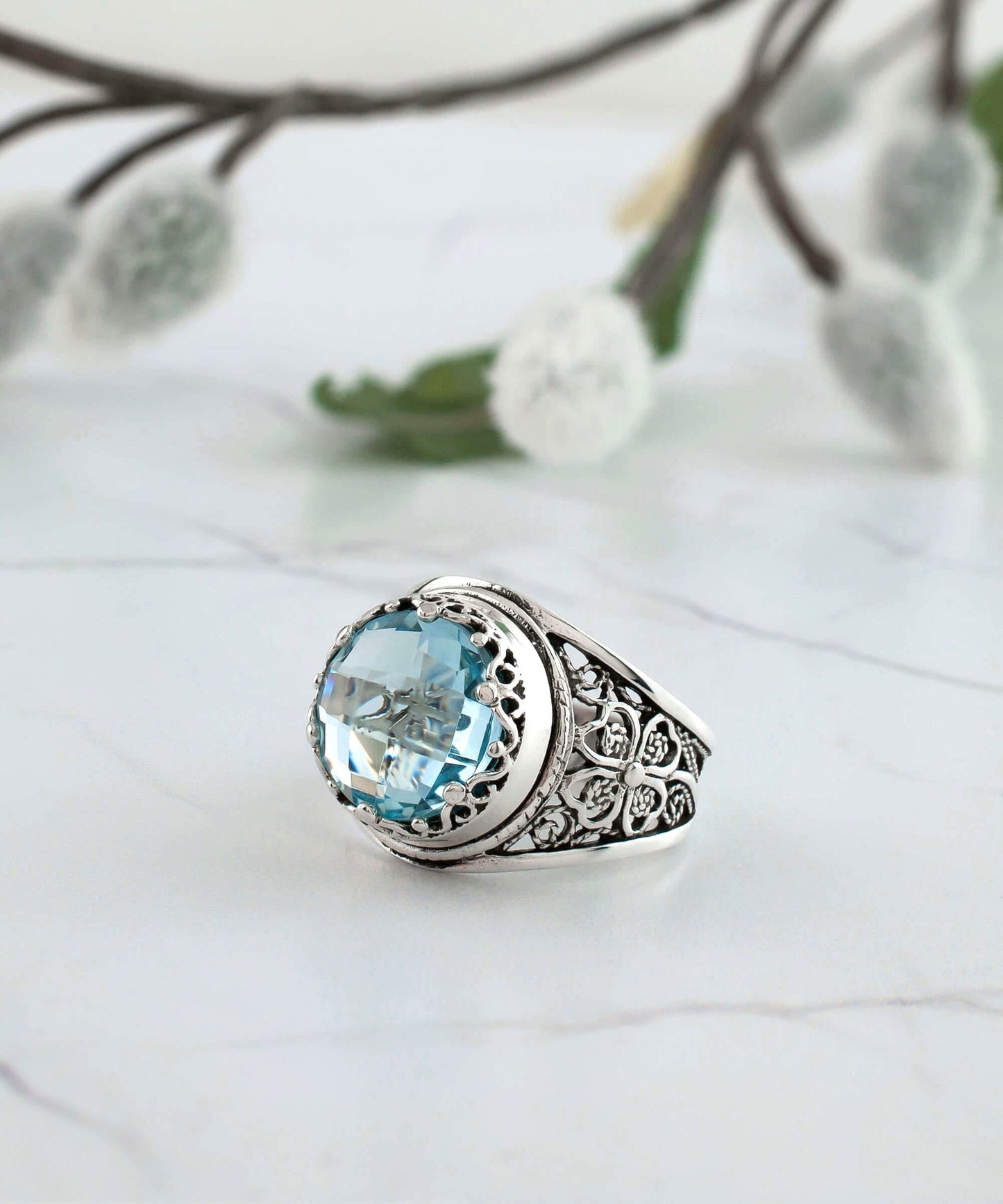 Filigree Art Blue Topaz Gemstone Ring