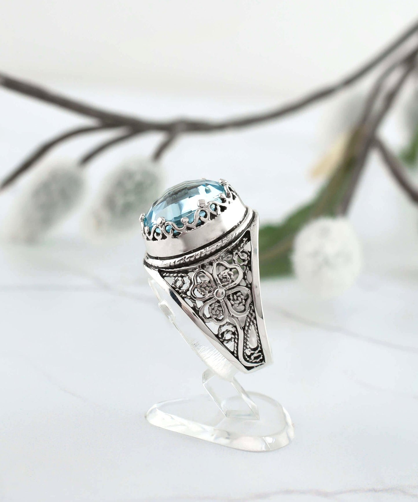 Filigree Art Blue Topaz Gemstone Ring