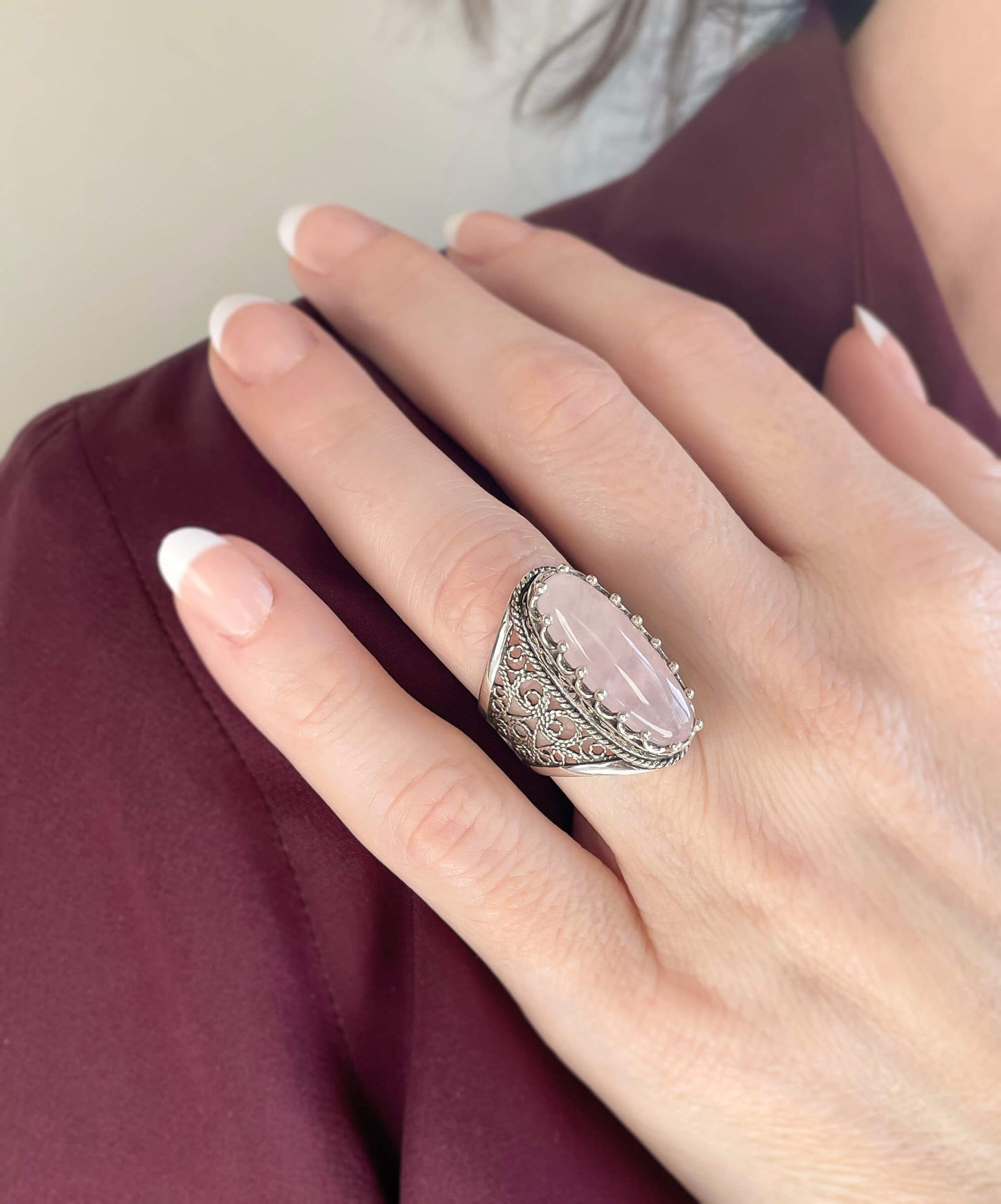 Filigree Art Rose Quartz Statement Ring