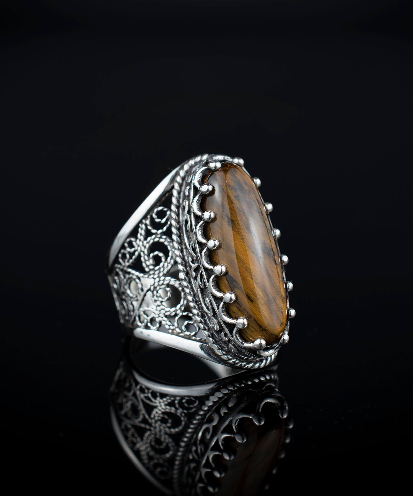 Filigree Art Tiger's Eye Gemstone Ring