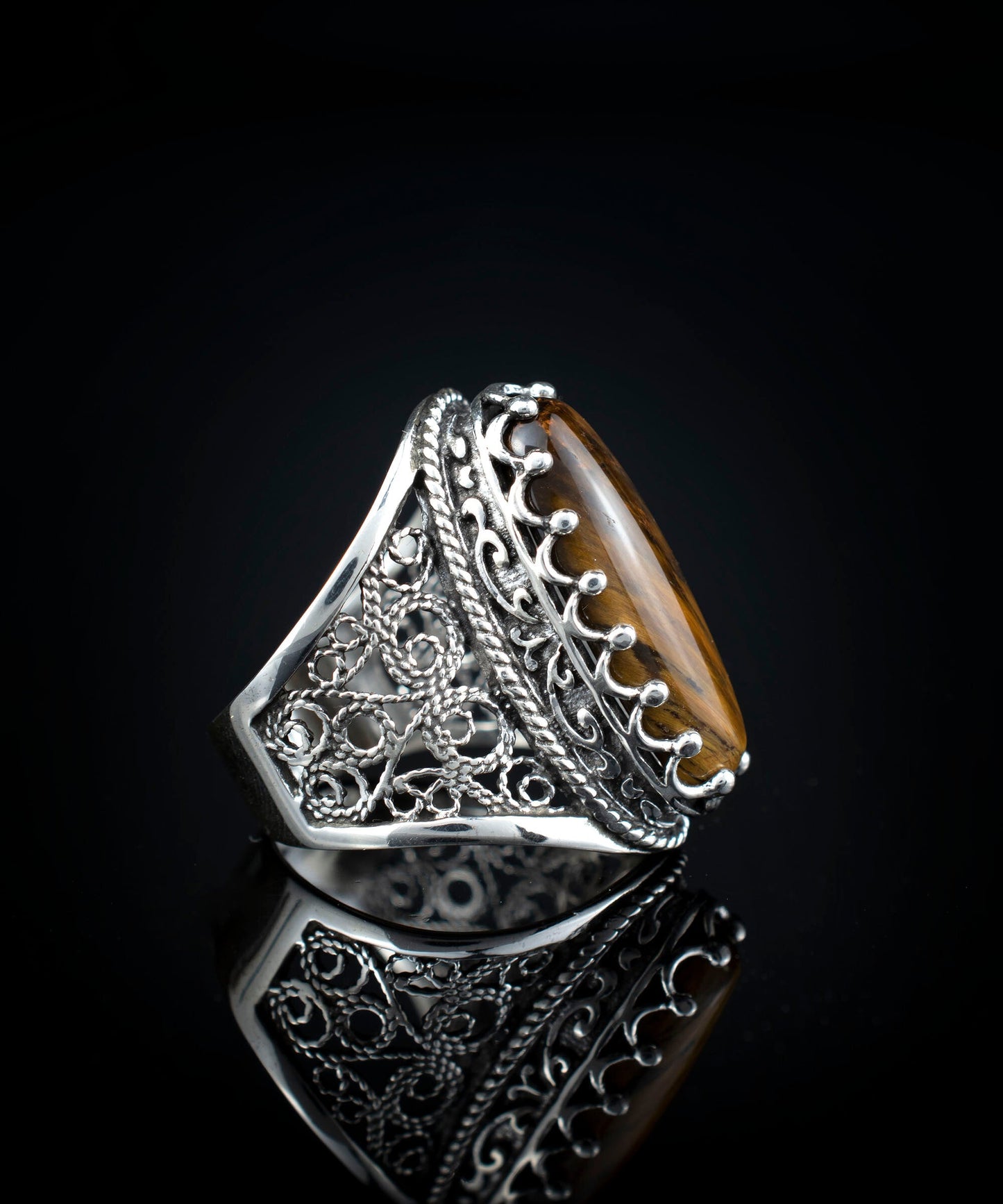 Filigree Art Tiger's Eye Gemstone Ring