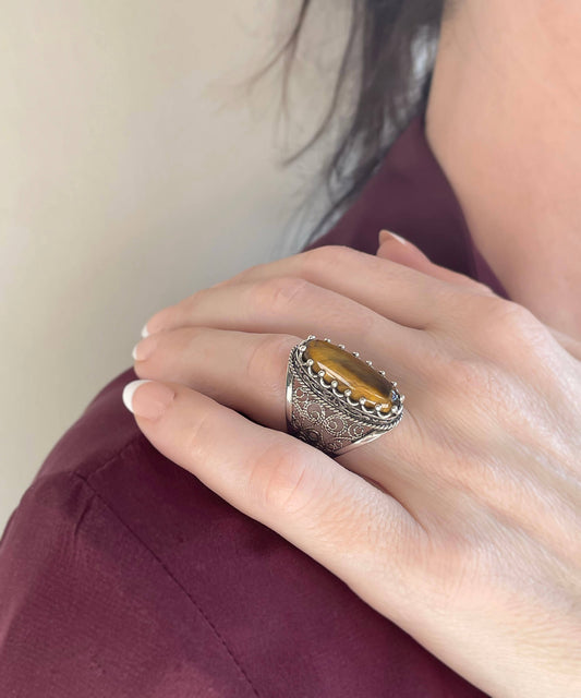 Filigree Art Tiger's Eye Gemstone Ring