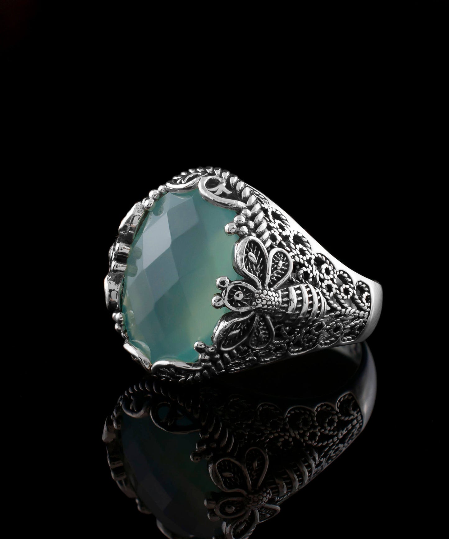 Filigree Art Aqua Chalcedony Ring