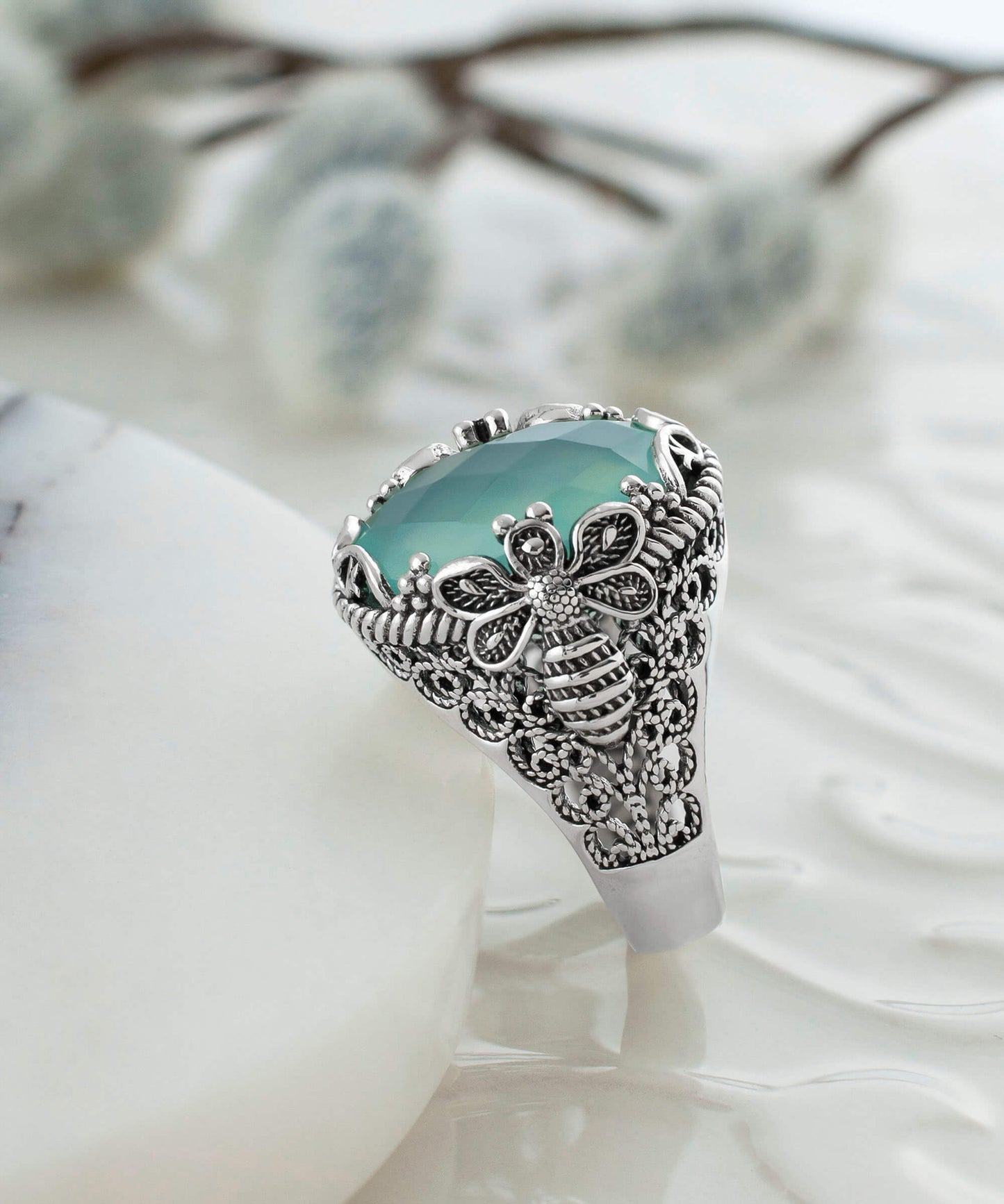 Filigree Art Aqua Chalcedony Ring