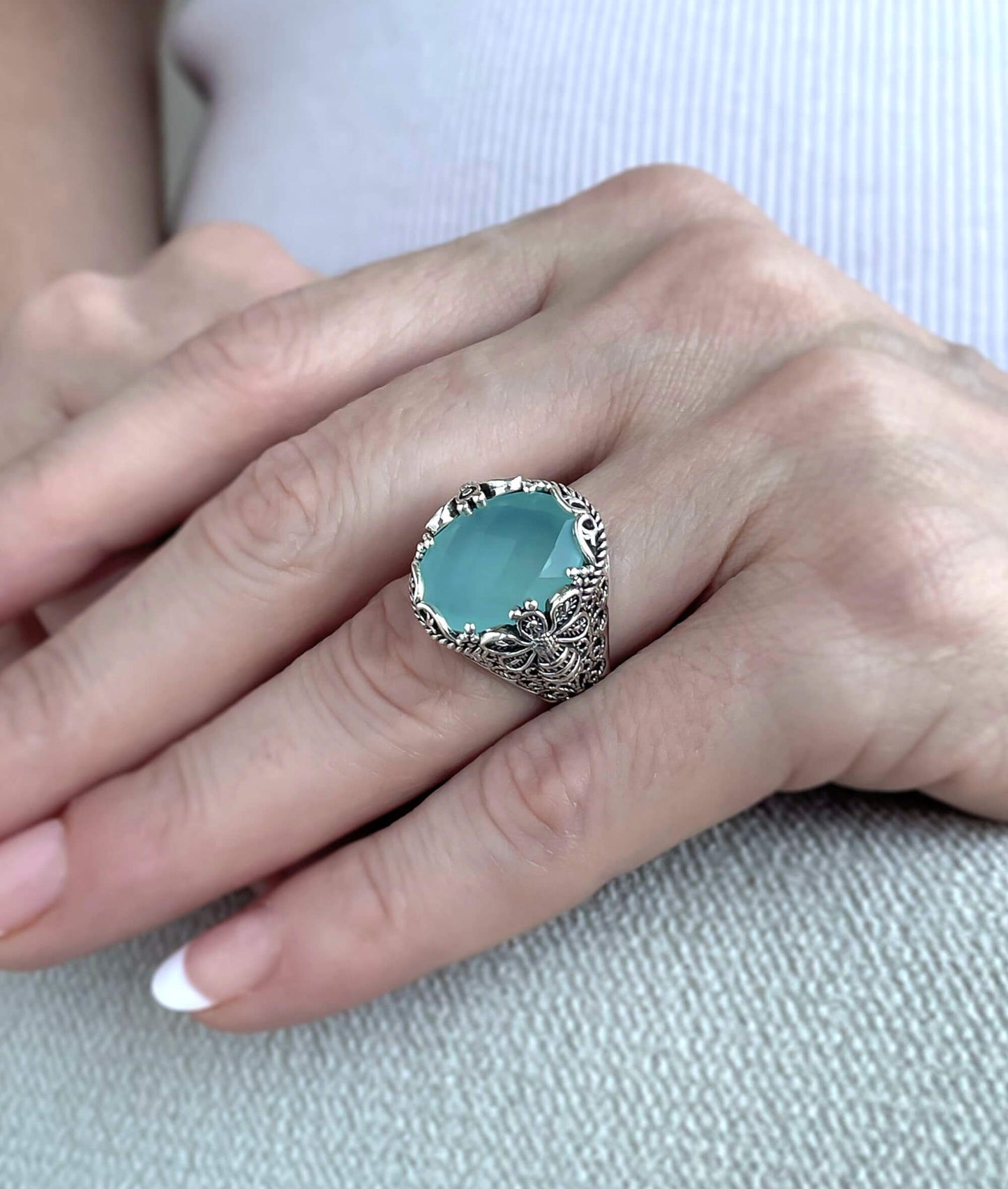 Filigree Art Aqua Chalcedony Ring