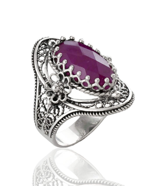 Filigree Art Ruby Corundum Sterling Silver Ring