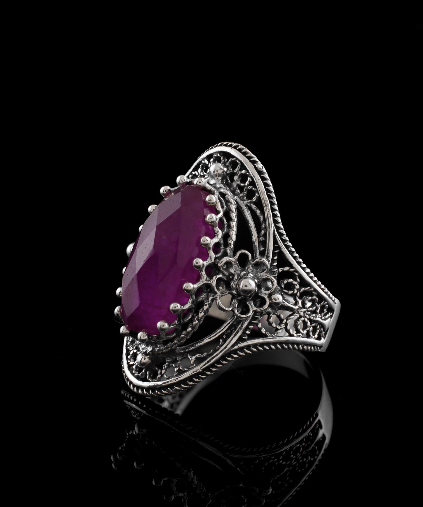 Filigree Art Ruby Corundum Sterling Silver Ring