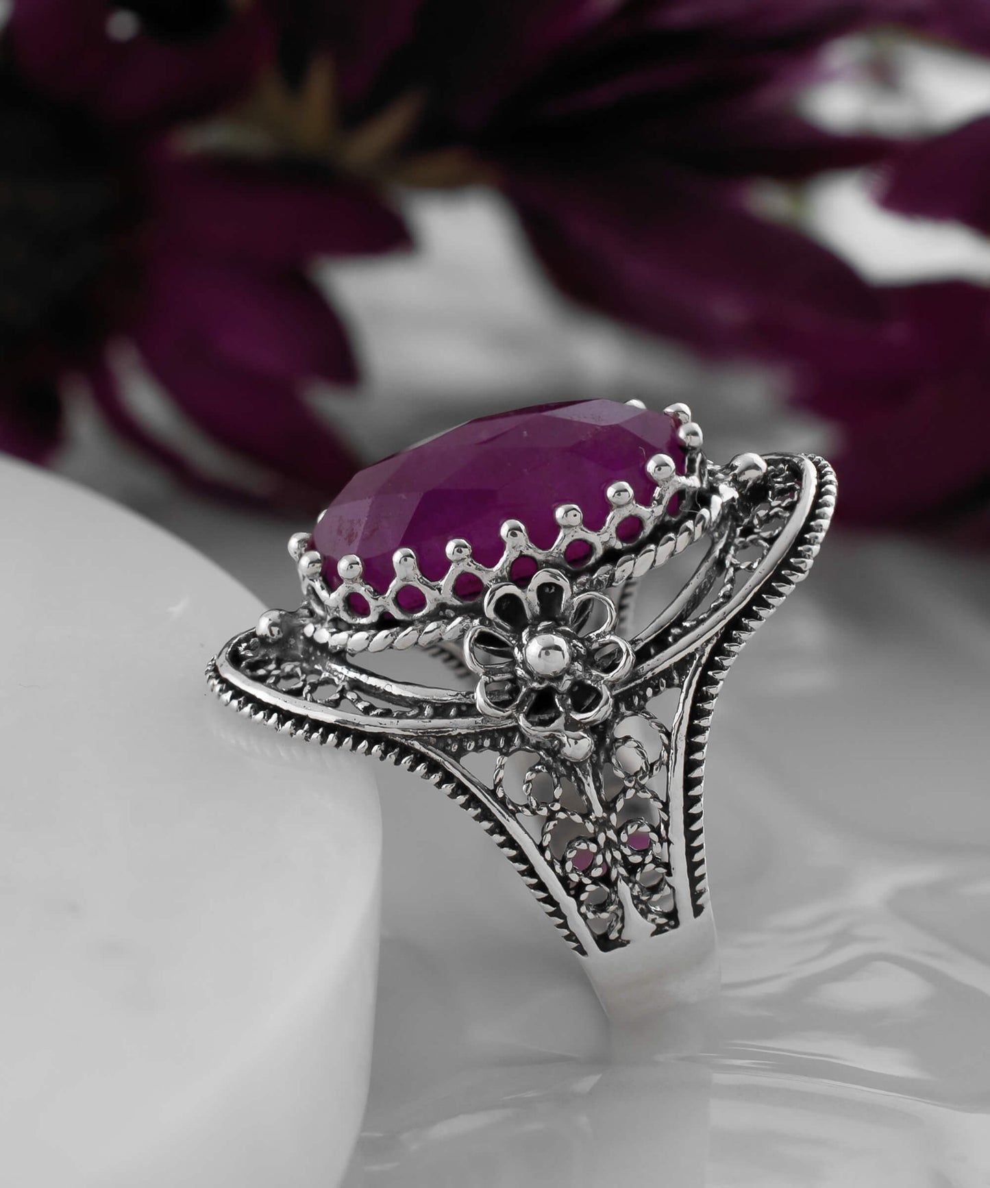 Filigree Art Ruby Corundum Sterling Silver Ring