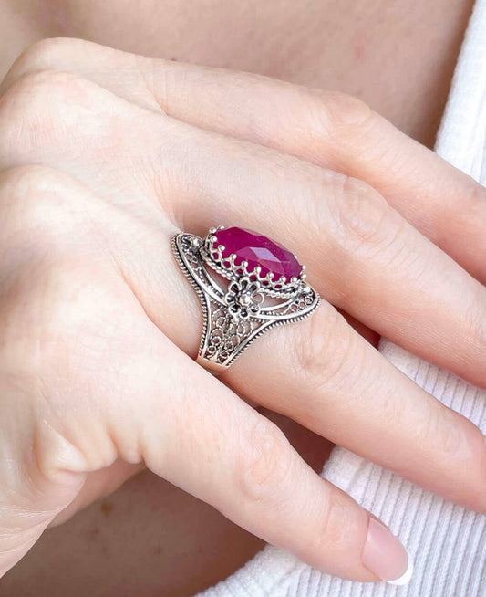 Filigree Art Ruby Corundum Sterling Silver Ring