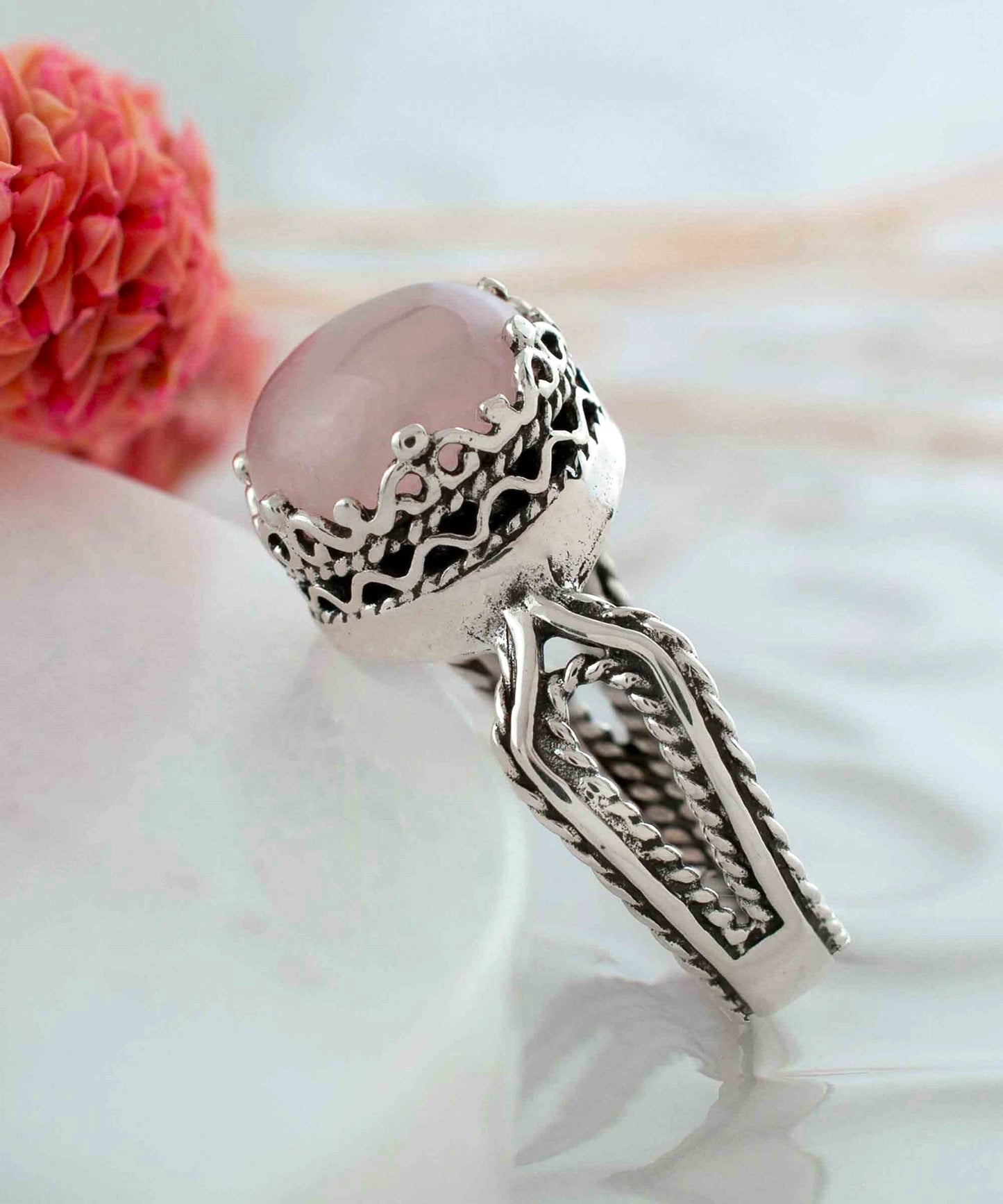 Rose Quartz Filigree Art Gemstone Ring